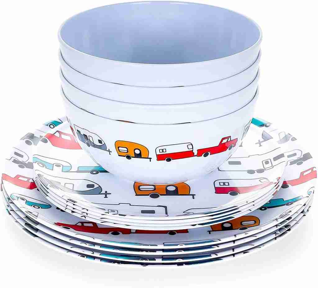 Camco Campsite 12 Piece Dishware Set  Perfect for RVing and Camping