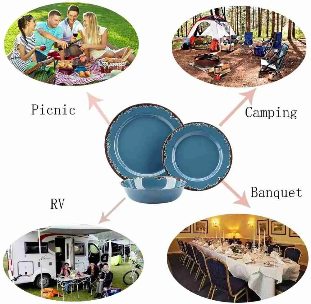 Melamine Camping Dinnerware Set - Yinshine 12 PCS Dinner Dishes Set Service for 4, Blue