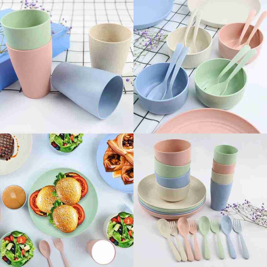 Wheat Straw Dinnerware Sets, Unbreakable Microwave Dishwasher Safe Tableware Lightweight Bowls