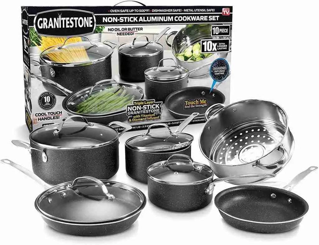 GRANITESTONE 10 Piece Nonstick Cookware Set, Scratch-Resistant, Granite-Coated, Dishwasher safe.