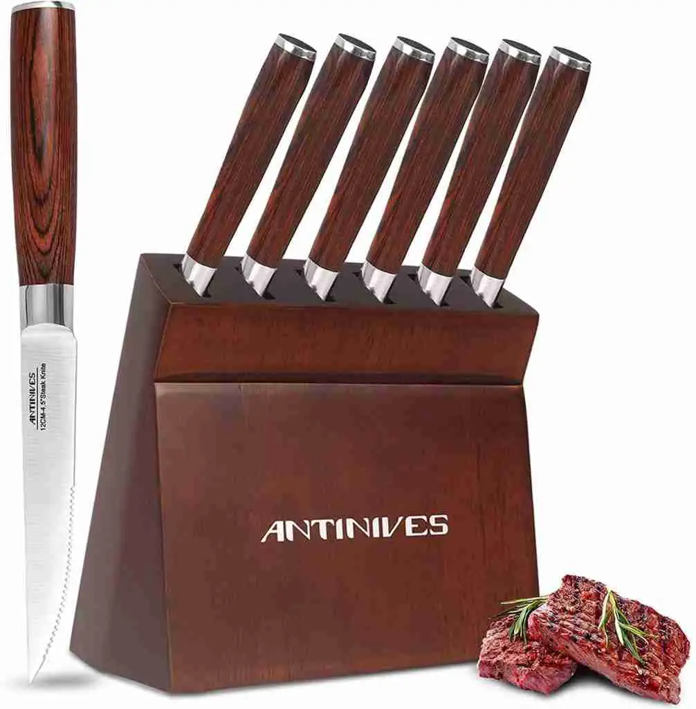 Steak Knives Set of 6 with Block, Serrated Steak Knife 4.5 Inch with Wooden Handle